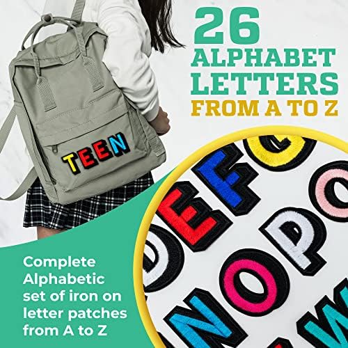 Neotopia 2.8 Ленти с букви, Гладящиеся, от А до я, Разноцветни букви Рейнбоу Букви, Скрити писма - Самозалепващи желязо букви за дрехи, чанти, раницата - Гладящиеся тъканни