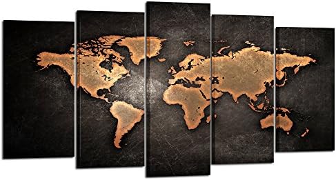 Творческа Изкуство - Ретро Плакат с карта на света, в рамката, 5 бр., щампи върху платно Giclée, Реколта Абстрактна живопис с карта на света, Напечатанная на платното, Го?