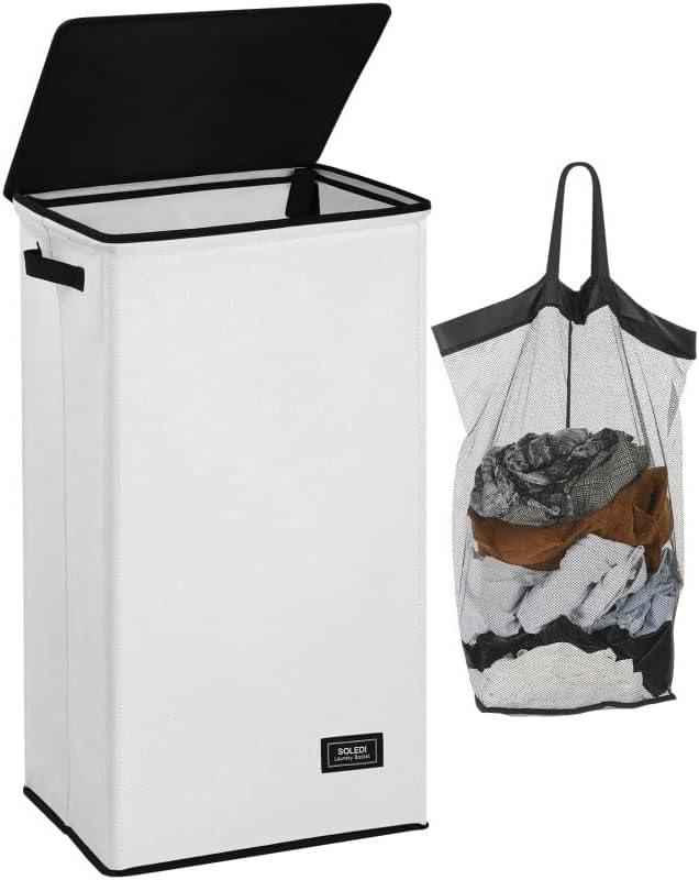 Кошница за дрехи SOLEDI с капак - 100 л XL - Голяма кошница за дрехи с Подвижна възглавница - Сгъваема кошница за дрехи, Удобно съхранение - Кошници за бельо за спални, баня,