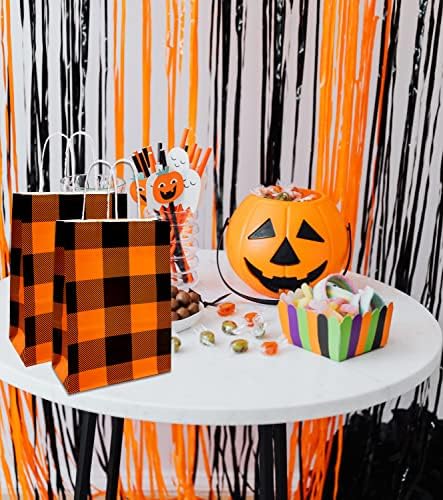 Benwanfee 12 бр. Есенни Хартиени торби за Хелоуин, Оранжеви, Черни, в клетката цвят Бизон, Крафт-пакети за Партита с дръжка, Подарък пакет за Партита, Торбичка за Бонбони в