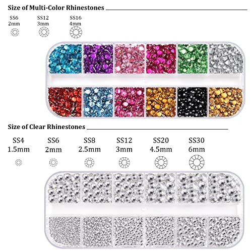Две кутии 4520 бр. Кръгли Разноцветни Кристали за Дизайн на ноктите с фиксирана облегалка, Комплекти Разноцветни Кристали, 12 цвята + Прозрачни