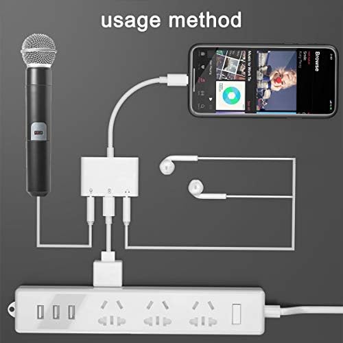 Аудиоадаптер Светкавица за микрофон, обновен 3 в 1 с Двойно аудиоразъемом 3,5 мм за микрофон и вход за зареждане, слушалки,