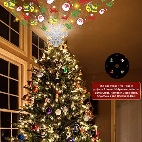 Topper за Коледната елха във формата на Снежинки, осветена вградена въртяща led проектор, Прожекционен лека нощ, във формата