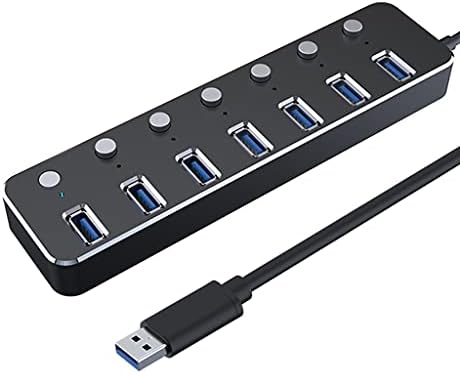 UXZDX Алуминиев 7-Портов USB 3.0 Хъб 120 cm Кабел превключвател за управление на 5 Gbit/s, led индикатор, Център, plug-in hybrid Сплитер за Няколко USB устройства (Черен цвят)