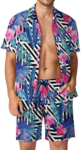 Мъжки плажни дрехи WEEDKEYCAT с Фламинго и Палмови листа, Хавайска Риза с копчета от 2 теми, Комплекти с Къс ръкав и Къси