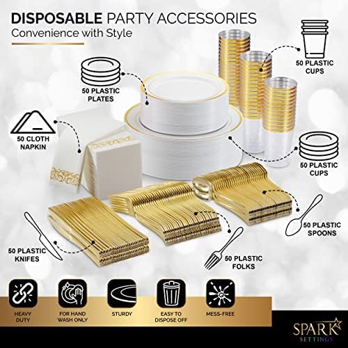 Златни Пластмасови Чинии за парти - сребърни от златния пластмаса - 350 бр., Набор от Сватбената съдове за 50 гости, 100 Златни пластмасови