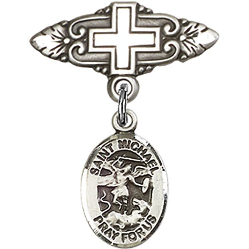Детски икона от Сребро с Талисман на Свети Архангел Михаил и Игла за Икона с Кръст 1 X 3/4 инча