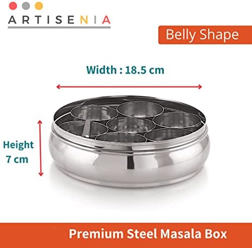 Контейнер за подправки ARTISENIA от висококачествена неръждаема стомана 7 Контейнери и Малка лъжичка Orange Прозрачна Кутия Масала е Индийска