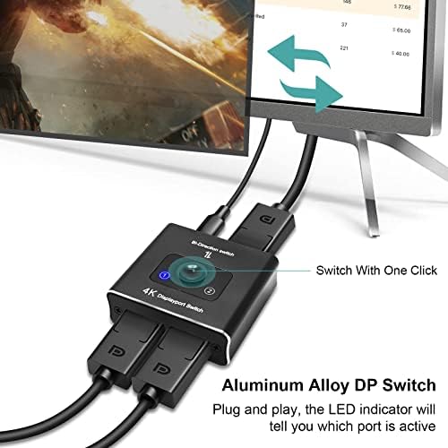 Сплитер Hdiwousp DisplayPort Switch, двупосочен превключвател DP 1.4 2 в 1 Изход/1in 2 изхода, поддържа 4K @ 60 Hz съвместими с хост монитор КОМПЮТРИ, лаптопи, проектори и т.н