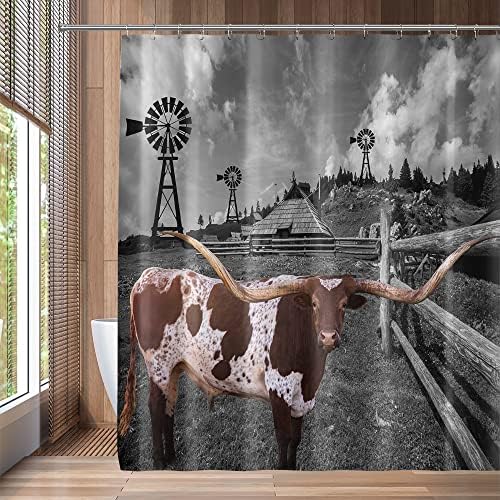 QZJDX Длиннорогая Крава Завеса за Душ за Баня Texas Говеда Западна Фермата на Животните Дървена Ограда Вятърна Мелница Селска