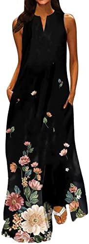 Жена Ново Пролетно-Лятното Модно Класическата Дълга Рокля без ръкави с V-образно деколте и цветен принтом TREBIN