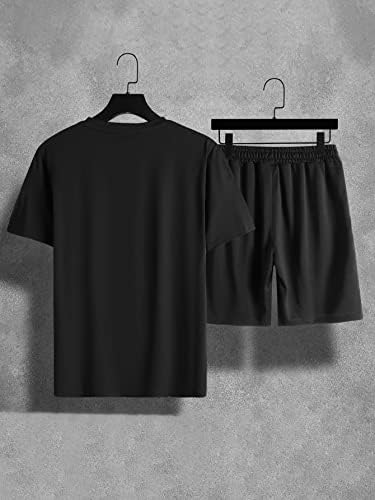Мъжко облекло от две части NIBHZ, Тениска с графичен слоган и къси панталони с завязками на талията (Цвят: черен, Размер: XX-Large)