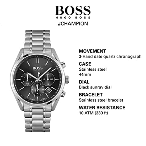 Мъжки кварцови часовници BOSS с каишка от неръждаема стомана, Сребрист, 22 (Модел: 1513871)