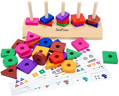 SunPooo Монтесори Играчки за Деца на възраст от 3 години Класификация на форма и Цвят за Подреждане Блокове Обучение и възпитание