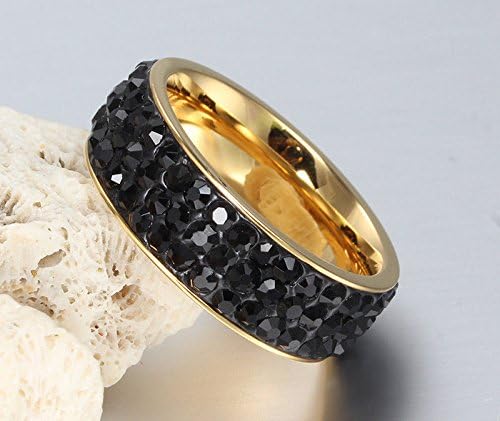 (Черно) Годежен пръстен от неръждаема стомана, 7мм с 18-каратово позлатени, 3 реда с фианитами, размер на пръстен 6-13 далеч (7)