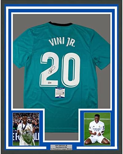 В рамка С автограф/подпис Обвини Винисиуса младши 33x42 Фланелка на футболен клуб Реал Мадрид Тийл на Бекет БАС COA