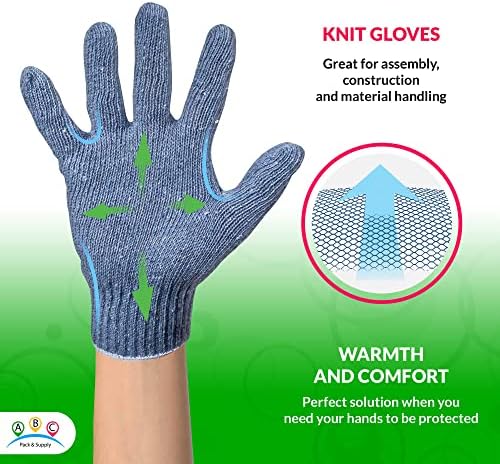 AMZ 240 Опаковка на синьо-сиви плетени ръкавици за мъже, 10 Миещи памучни работни ръкавици от еластична трикотажным запястьем, 10 унции.