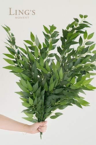 Ling's Moment Изкуствен Италиански Стрък Зеленина Ruscus - Изкуствени Цветя, Висящи Спрей от Зеленина за Булчински Букет, Арки, Плотове и аксесоари за дома (височина 27,55 инча)