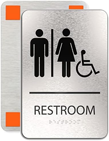 ADASigns.org , е Знак за баня Унисекс, Отговаря на изискванията на ADA, Мъж, Жена, Символи инвалидни колички, Матиран Сребрист, перлено
