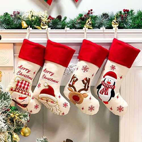 Hopearl 19Комплект Коледни Чорапи, 4 бр., Коледни Чорапи, Дядо Коледа, Снежен човек, Северен Елен, Penguin, Държачи за Чорапи