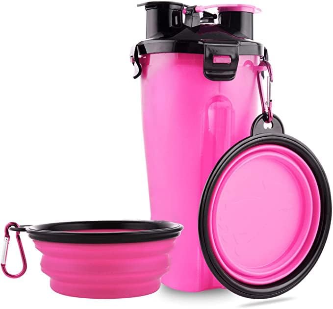 Бутилка за вода за кучета 2 в 1, контейнер за храна за домашни любимци с мисками за разходки, пътуване, къмпинг и туризъм (розов)