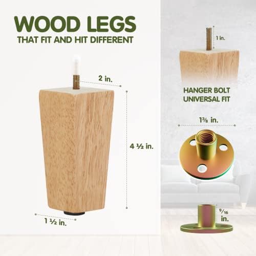 Yes4All Квадратни Дървени мебелни крака 4,5 инча Комплект от 4 Заменяеми дървени крака за мека мебел, легла, пейки - Регулируема