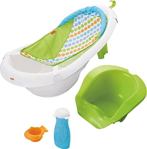 Детска вана за къпане за деца Fisher-Price, 4 В 1, Прашка е със седалка, с Подвижна поставка за бебета и 2 детски Играчки, зелена