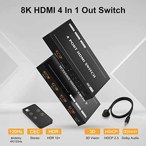 YIWENTEC HDMI 2.1 Ultra HD 8K Високоскоростен 48 gbps HDR10 3D Превключвател за посоката, Само 4in 1out Конвертор 8K @ 60Hz 4K @ 120Hz