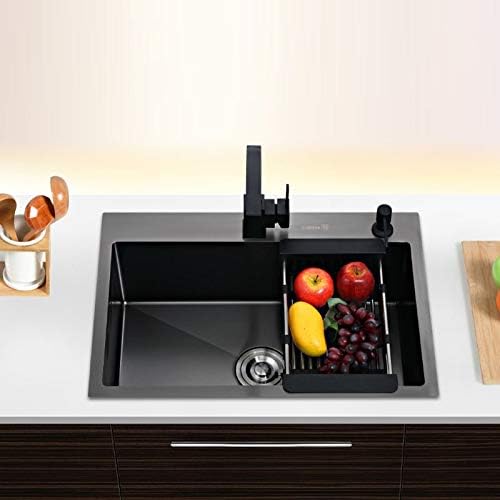 Кухненски мивки от неръждаема стомана FKSDHDG Черна кухненска мивка с един отвор над тезгяха и мивка за измиване на зеленчуци