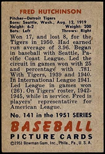 1951 Боуман # 141 Фред Hutchinson Детройт Тайгърс (Бейзболна картичка), БИВШ Тайгърс