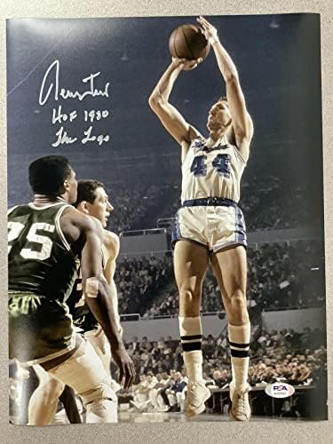 Джери Уест Подписа Снимка 11x14 Лейкърс С Автограф върху логото На HOF 1980 Надпис JSA - Снимки на НБА с автограф