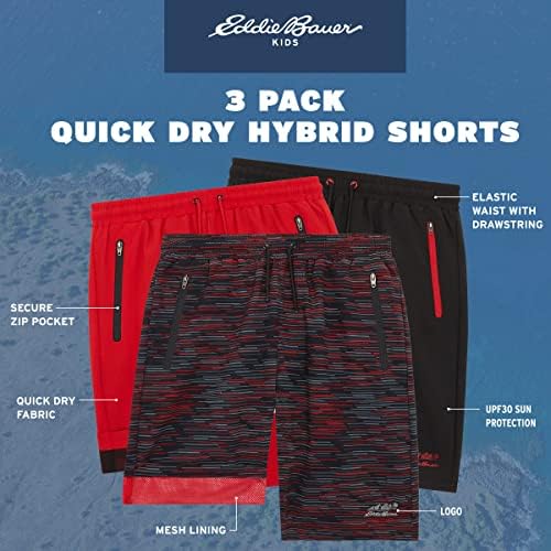 Шорти за активна почивка за момчетата на Еди Bauer - бързо съхнещи спортни шорти от 3 опаковки - Хибридни мрежести къси панталони за момчета (4-16 години)