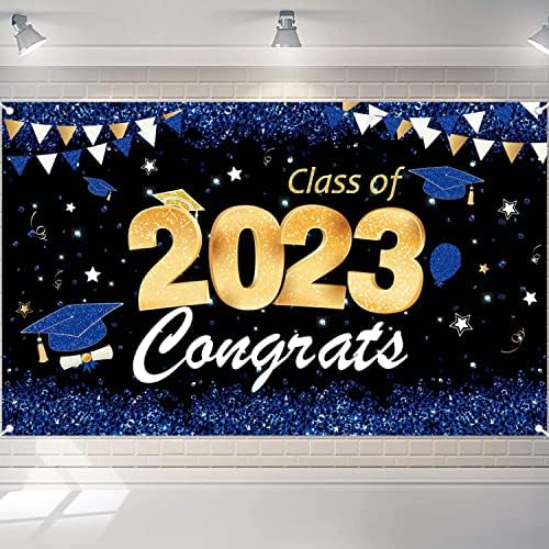 Фон за банер Клас 2023 | Декорация за Абитуриентски партита 2023 Синьо злато | Знак за Клас на 2023 аксесоари за Абитуриентски партита