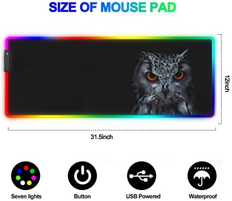 Геймърска подложка за мишка RGB - 14 режима на осветление, Голяма Удължена Компютърна Клавиатура, подложка за мишка, Бухал, Висококачествени
