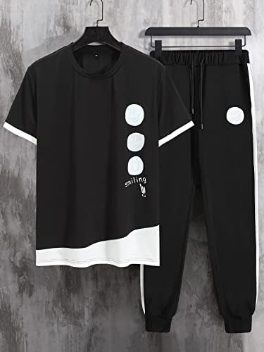 OSHHO / Мъжки облекла от две части, Мъжка тениска с цветен блок с писмото принтом и спортни панталони с завязками на талията (Цвят: черен, Размер: XX-Large)
