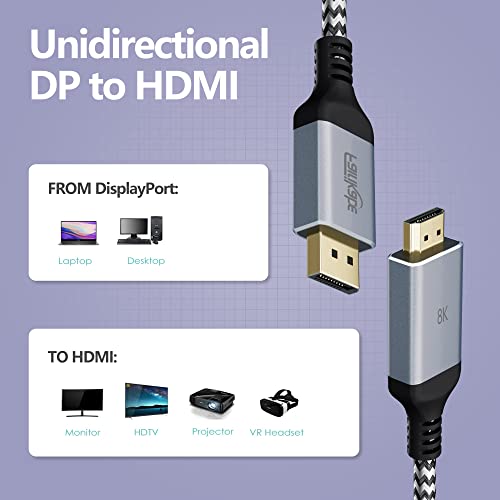 Кабел fairikabe 8K Displayport-HDMI дължина 6,6 метра, кабел DP 1,4-HDMI 2.1 Поддържа 4K при 144 Hz/120 Hz, 2K с 240 Hz, насочената кабел DP-HDMI да PC, HP, DELL, AMD, NVIDIA Graphics