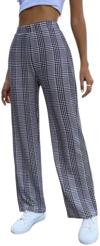 SweatyRocks / Дамски Еластични Панталони с принтом в Клетката и Висока Талия, Прави Дълги Панталони, на Ежедневните Панталони