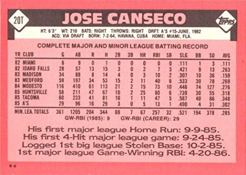 1986 Топпс Търгувам бейзболна картичка начинаещ №20Т Хосе Кансеко