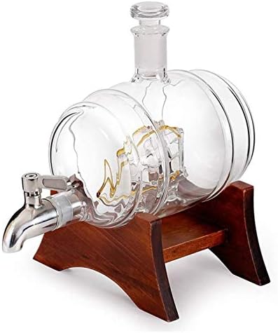 алкохол-гарафа Набор от Графинов за Уиски Дървена Рамка с Вода Стъклена Бутилка под формата на Бъчва за Вино Контейнер, 1000 мл с 2 Стъклени