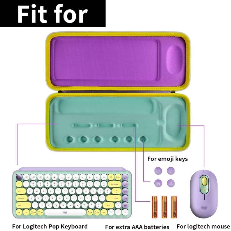 Твърд калъф, съвместим с механична безжична клавиатура Logitech Pop Keys и мишка Bluetooth, Преносими клавиатура, чанта за съхранение на батерии, бутони с эмодзи -лилаво + вътре