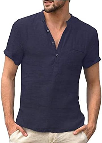 Maiyifu-GJ Мъжки Плажна Риза в стил хипи, с V-образно деколте и копчета, Ежедневни Памучен Бельо Тениска За Почивка, Однотонная