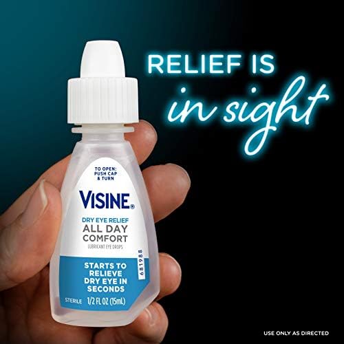 Капки за очи Visine Dry Eye Relief All Day Comfort Lubricant в срок до 10 часа на комфорт, Капки за сухота в очите с полиэтиленгликолем, 0,5 течни унции