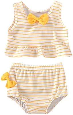 Бански за момичета, Детски Бански в ивица с принтом и рюшами на гърба, комплект Бикини от две части за малки Момичета, бански костюми (А-жълт, 18-24 месеца)