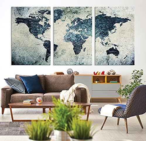 Голяма Стенни Художествена Карта на света Печат върху Платно - Гръндж Карта на Платно Галерия Стенен монтаж комплект от 3 Панели Подарък за Пътник, Голяма Абстрактн