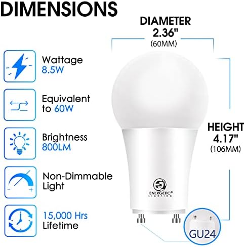 Енергичен led основа GU24, форма A19, което е равно на 60 W (8,5 W), дневна светлина 5000 До 800 Лумена, Без регулиране на яркостта,