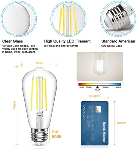 Led лампи LANGREE Antique Vintage, Led лампа ST58 Edison, Еквивалентна На 60 W, Дневен Бял 4000 До Средна база E26, Без регулиране на яркостта на led крушки с нажежаема жичка CRI 80+, опаковка от 10