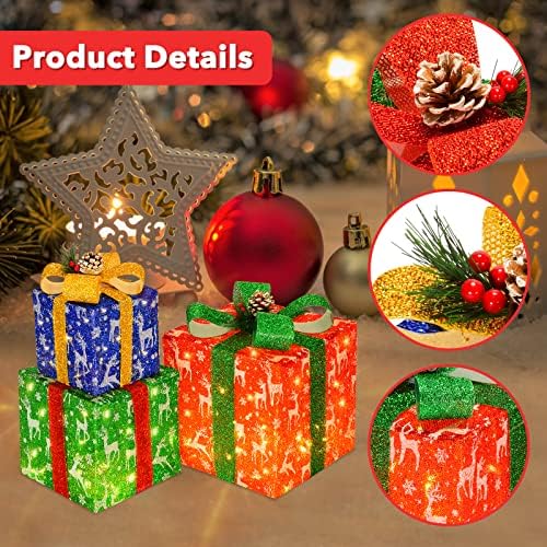 Комплект от 3 Коледни Подаръци Кутии с Подсветка, Предварително подсвеченных 60 светодиода, Подаръчни Кутии с Осветление, Украса за Външни Топли Бели Кутии, Украса з