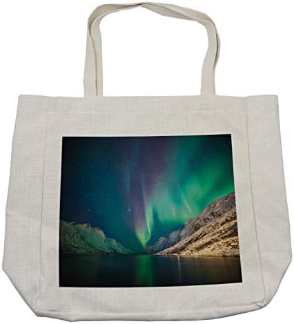Чанта за пазаруване Ambesonne Nature, Принт Северно Сияние над Скалисти хълмове Полюс на Слънчевата Космическа панорама, Екологично