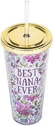 Слама чаша Mary Square Best Nana Някога Purple Salem Floral на 24 Унции с капак, Златни