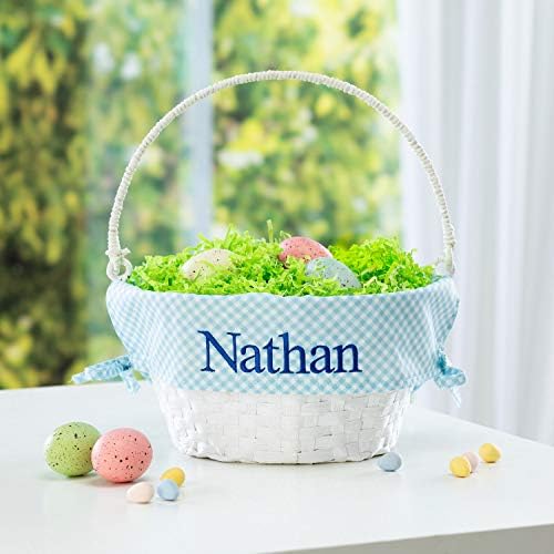 Персонални кошница с великденски яйца с писалка и потребителското име | Втулки за Великденски кошници в Синя клетка | Бяла кошница | Плетени